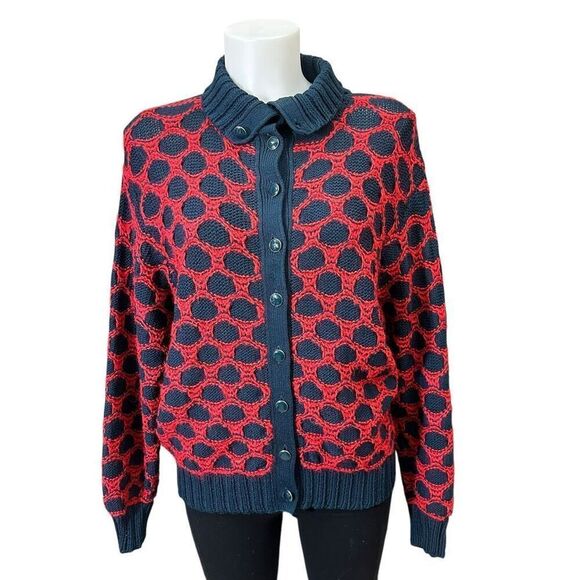 Marie St. John Vintage 1980s Buttoned High Neck Sweater‎ Red Blue sz Medium - Picture 1 of 9